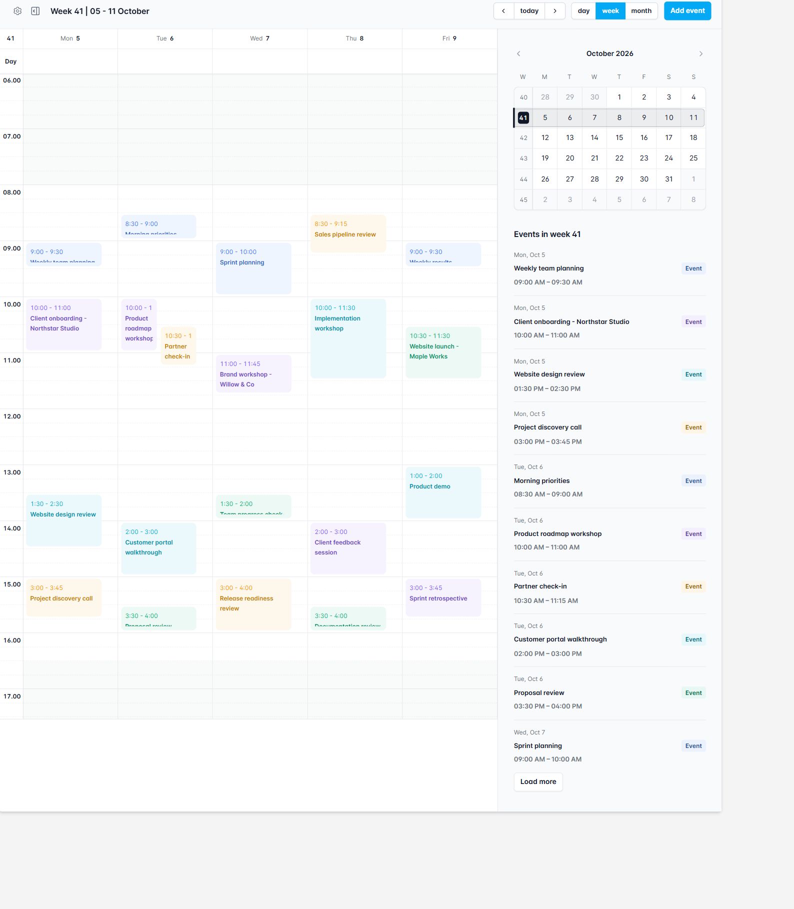 Calendar Pro weekly calendar with appointment sidebar