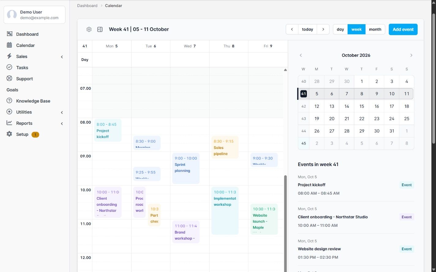 Calendar Pro mit Arbeitszeiten und Tagesliste